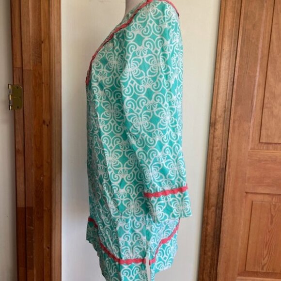 VINEYARD VINES Tunic Dress Geo Torquoise Print Coral Trim V Neck Long Sleeve S - Picture 10 of 17